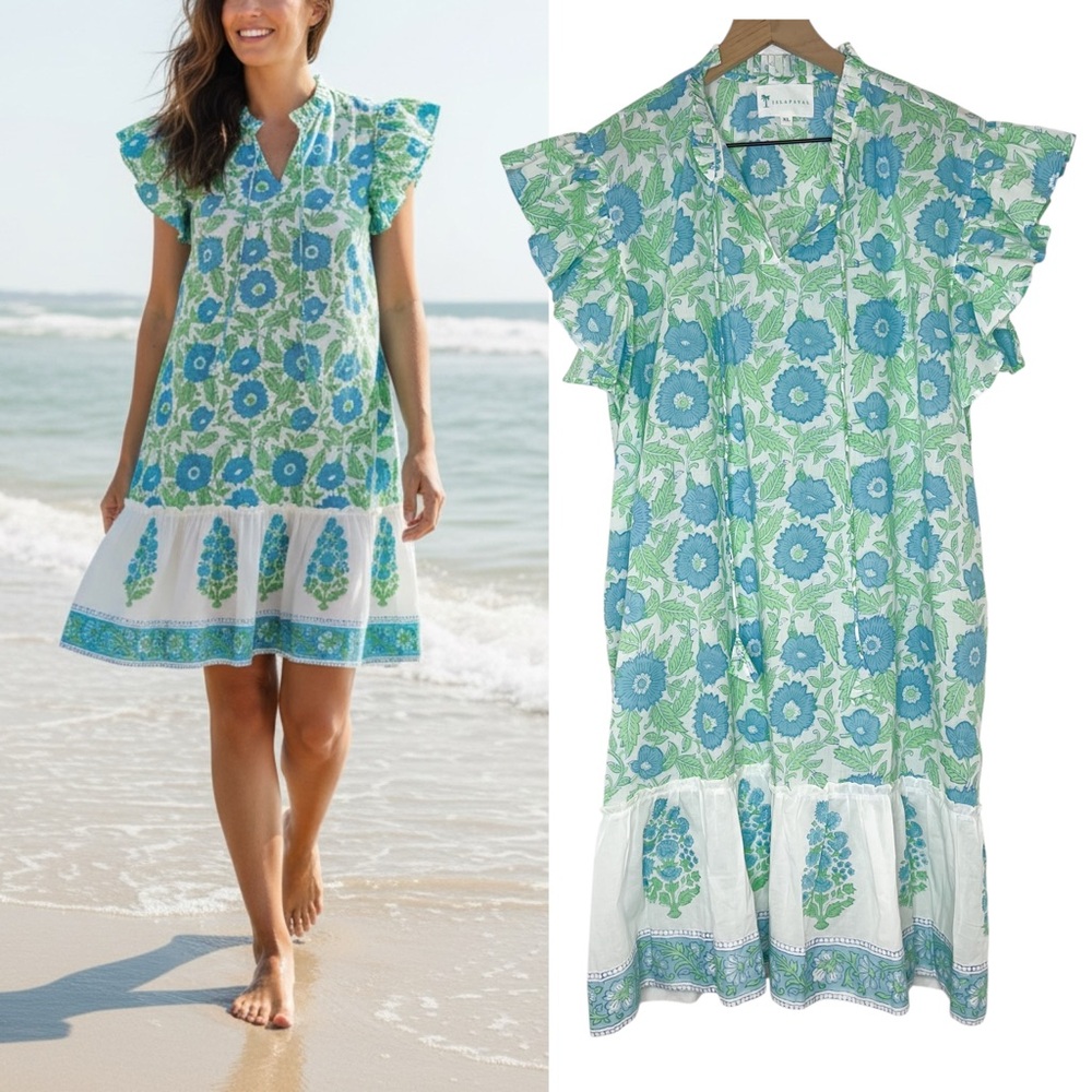 Isla Payal Blue Green Floral Dress Ruffle Flutter Sleeve Cotton size XL